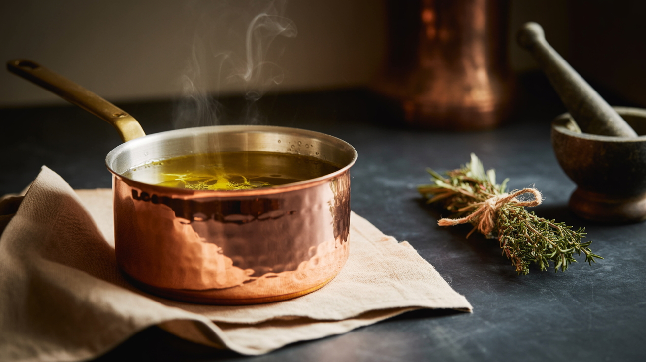 Golden butter melting in a copper pot — the foundation of every cannabis infusion
